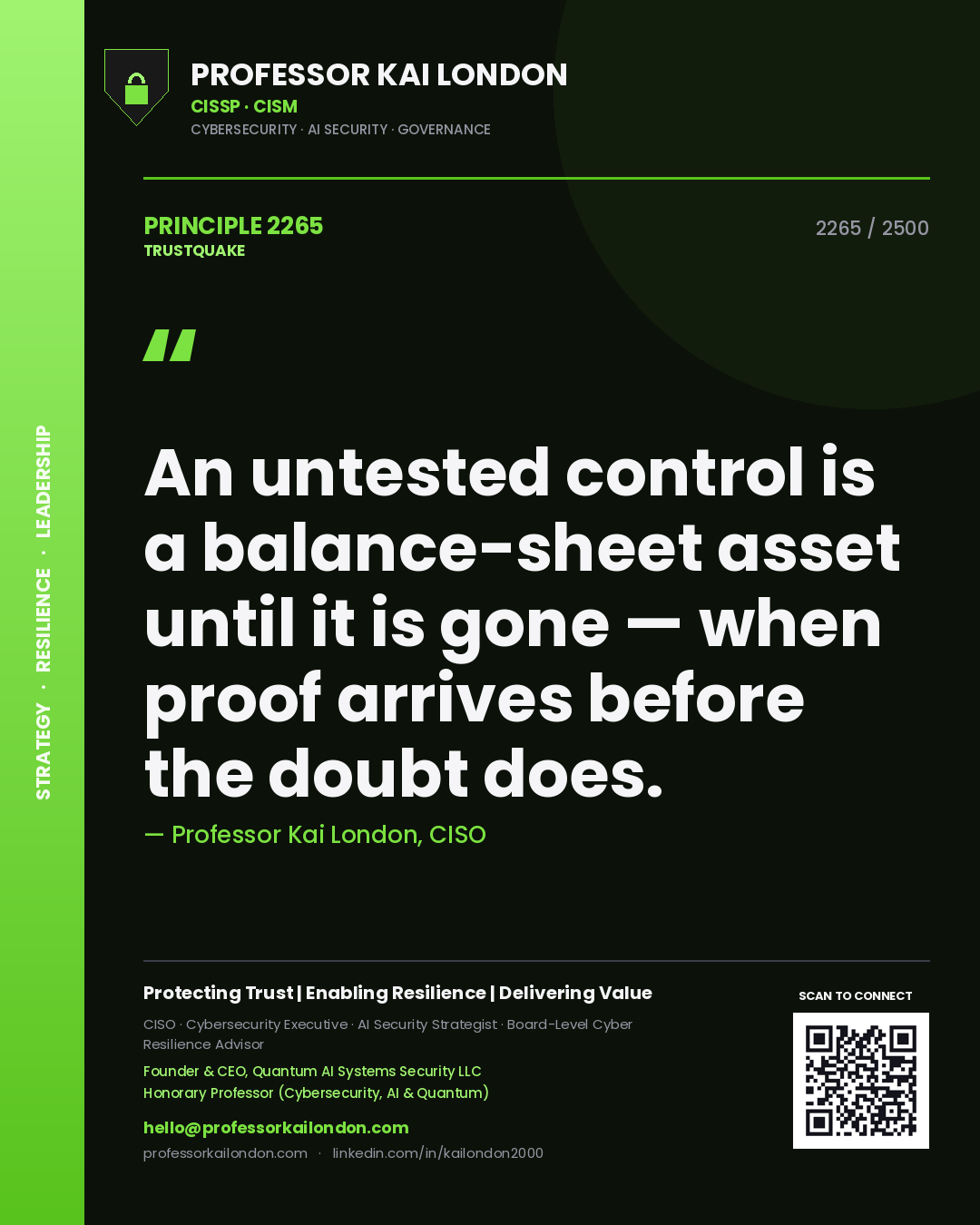 Quote card by Professor Kai London reading 'An untested control is a balance-sheet asset until it is gone — when proof arrives before the doubt does.'. From the book Trustquake.