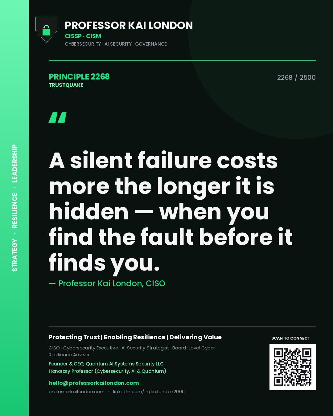 Quote card by Professor Kai London reading 'A silent failure costs more the longer it is hidden — when you find the fault before it finds you.'. From the book Trustquake.
