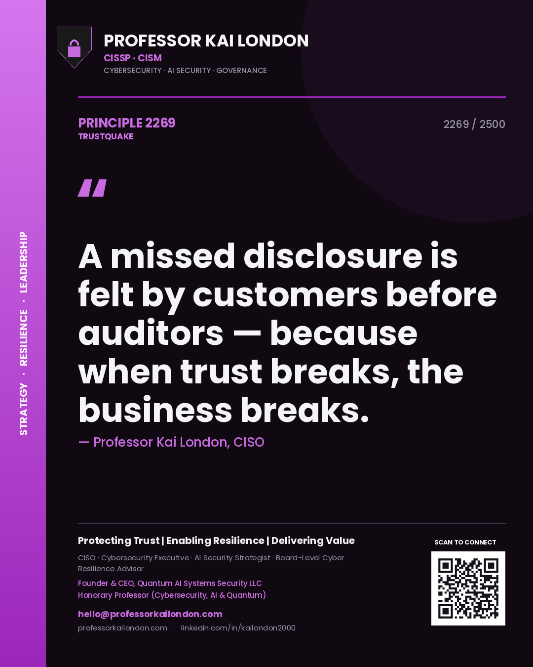 Quote card by Professor Kai London reading 'A missed disclosure is felt by customers before auditors — because when trust breaks, the business breaks.'. From the book Trustquake.