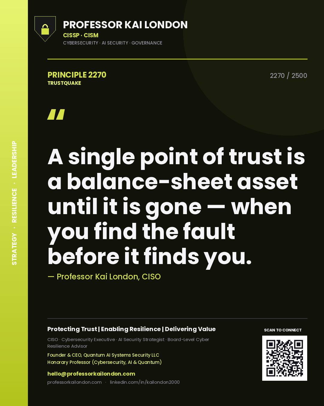 Quote card by Professor Kai London reading 'A single point of trust is a balance-sheet asset until it is gone — when you find the fault before it finds you.'. From the book Trustquake.