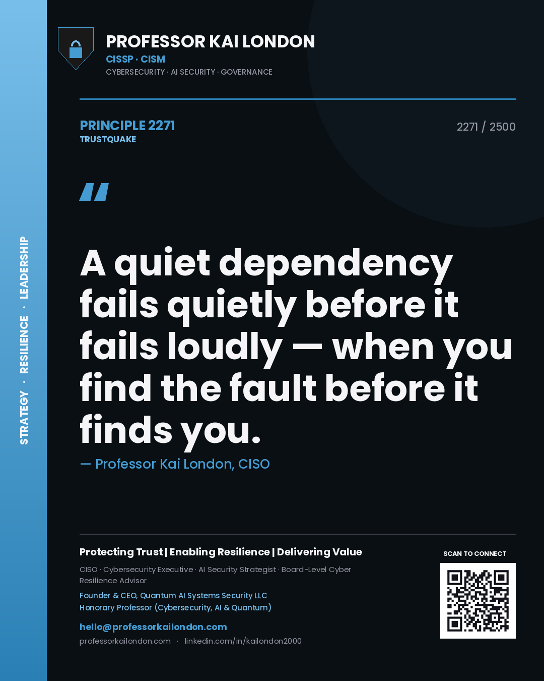 Quote card by Professor Kai London reading 'A quiet dependency fails quietly before it fails loudly — when you find the fault before it finds you.'. From the book Trustquake.