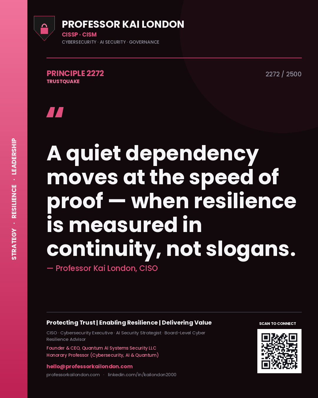 Quote card by Professor Kai London reading 'A quiet dependency moves at the speed of proof — when resilience is measured in continuity, not slogans.'. From the book Trustquake.