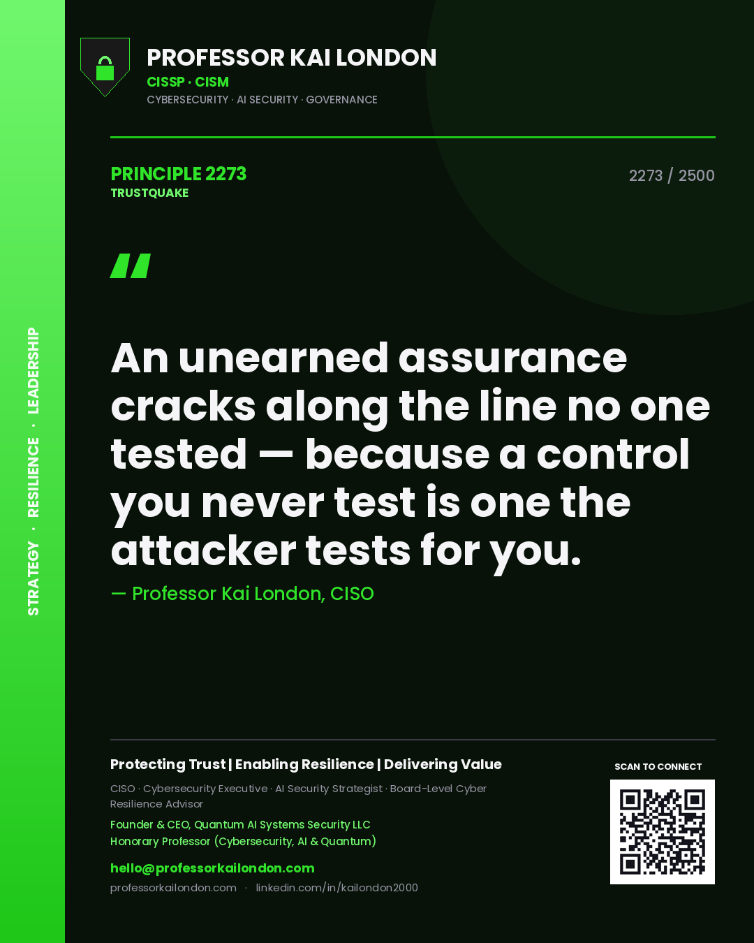 Quote card by Professor Kai London reading 'An unearned assurance cracks along the line no one tested — because a control you never test is one the attacker tests for you.'. From the book Trustquake.