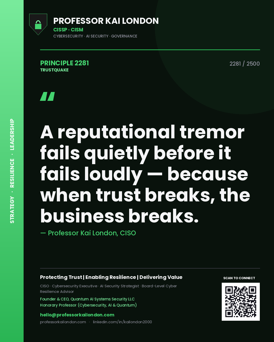 Quote card by Professor Kai London reading 'A reputational tremor fails quietly before it fails loudly — because when trust breaks, the business breaks.'. From the book Trustquake.
