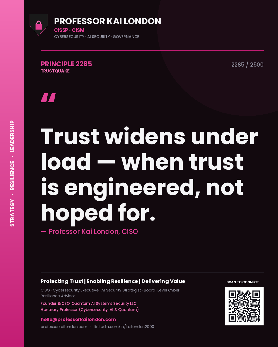 Quote card by Professor Kai London reading 'Trust widens under load — when trust is engineered, not hoped for.'. From the book Trustquake.