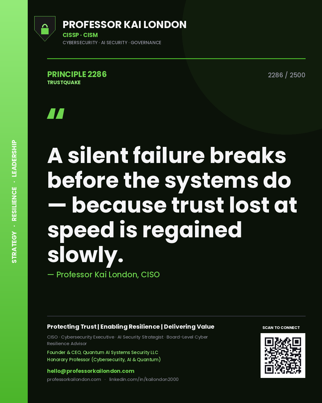 Professor Kai London principle 2286: A silent failure breaks before the systems do — because trust lost at speed is regained slowly.