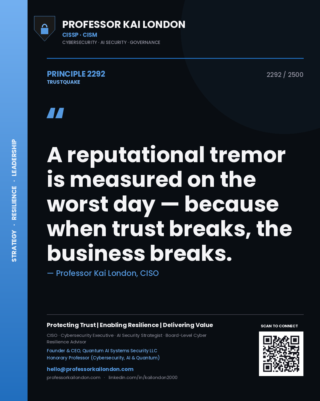 Professor Kai London principle 2292: A reputational tremor is measured on the worst day — because when trust breaks, the business breaks.