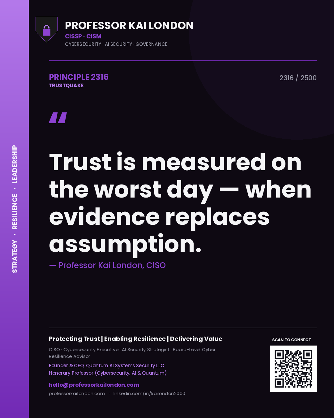 Quote card by Professor Kai London reading 'Trust is measured on the worst day — when evidence replaces assumption.'. From the book Trustquake.