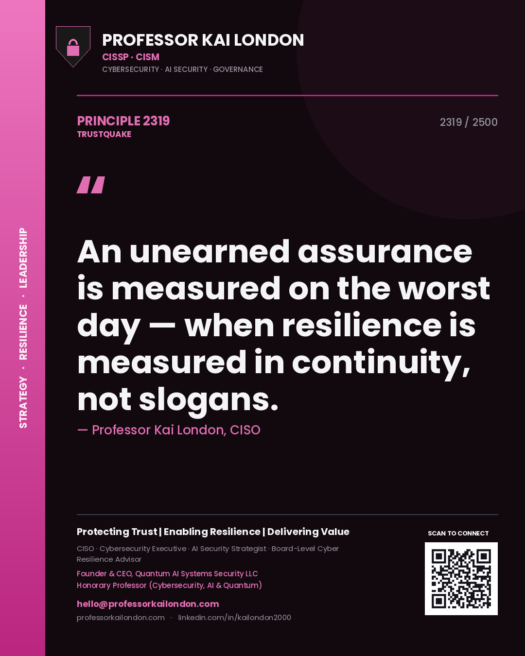 Quote card by Professor Kai London reading 'An unearned assurance is measured on the worst day — when resilience is measured in continuity, not slogans.'. From the book Trustquake.