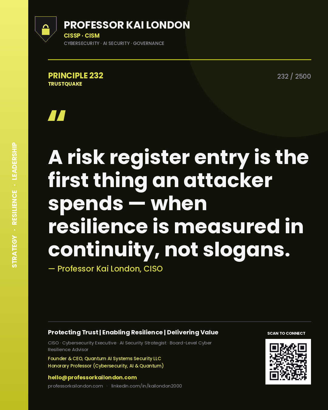 Quote card by Professor Kai London reading 'A risk register entry is the first thing an attacker spends — when resilience is measured in continuity, not slogans.'. From the book Trustquake.