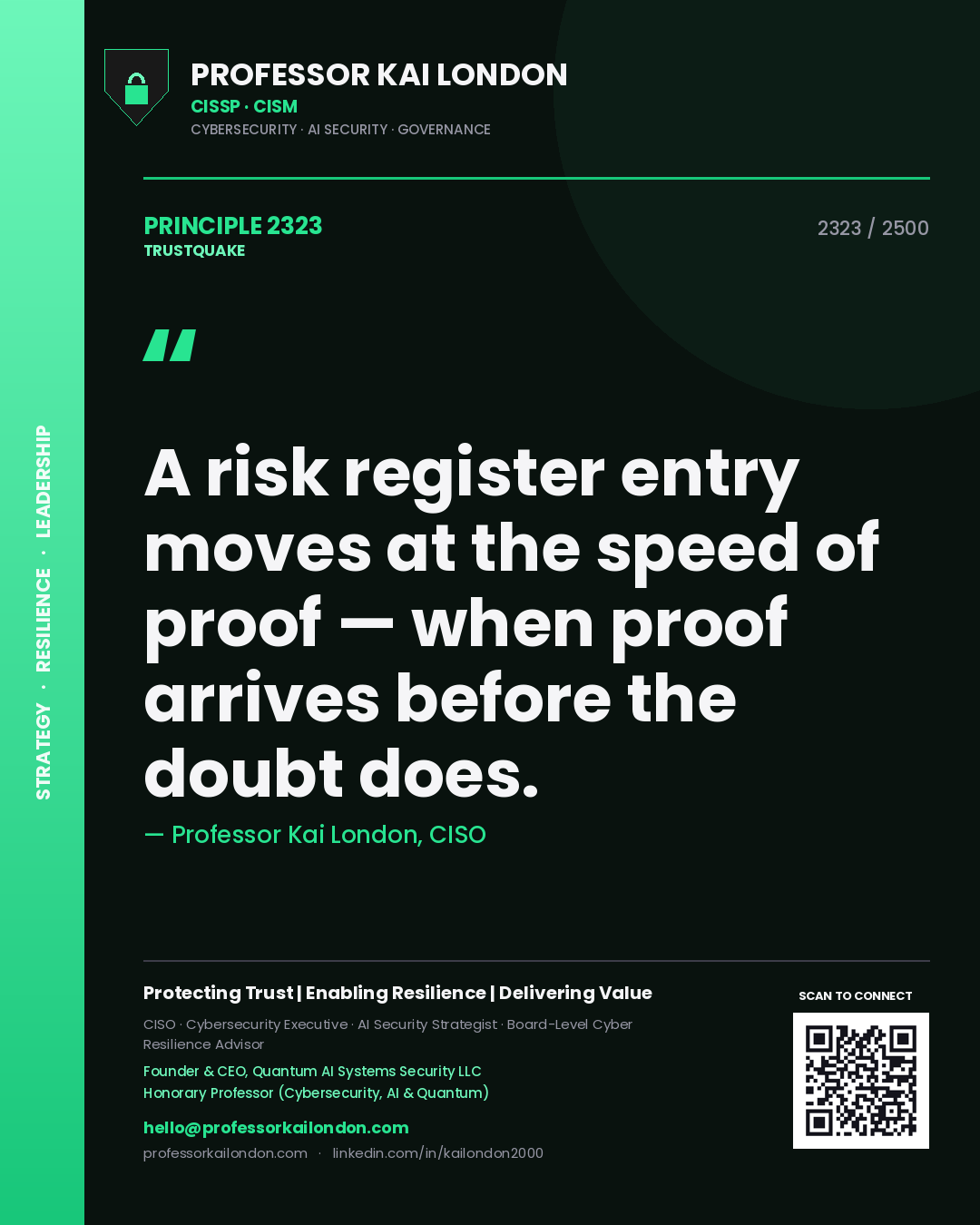 Quote card by Professor Kai London reading 'A risk register entry moves at the speed of proof — when proof arrives before the doubt does.'. From the book Trustquake.