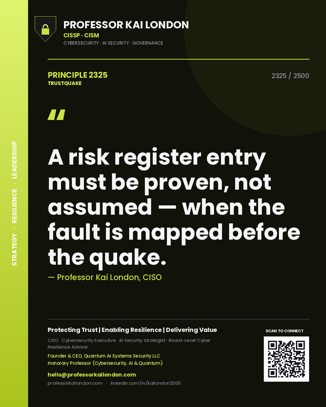 Quote card by Professor Kai London reading 'A risk register entry must be proven, not assumed — when the fault is mapped before the quake.'. From the book Trustquake.