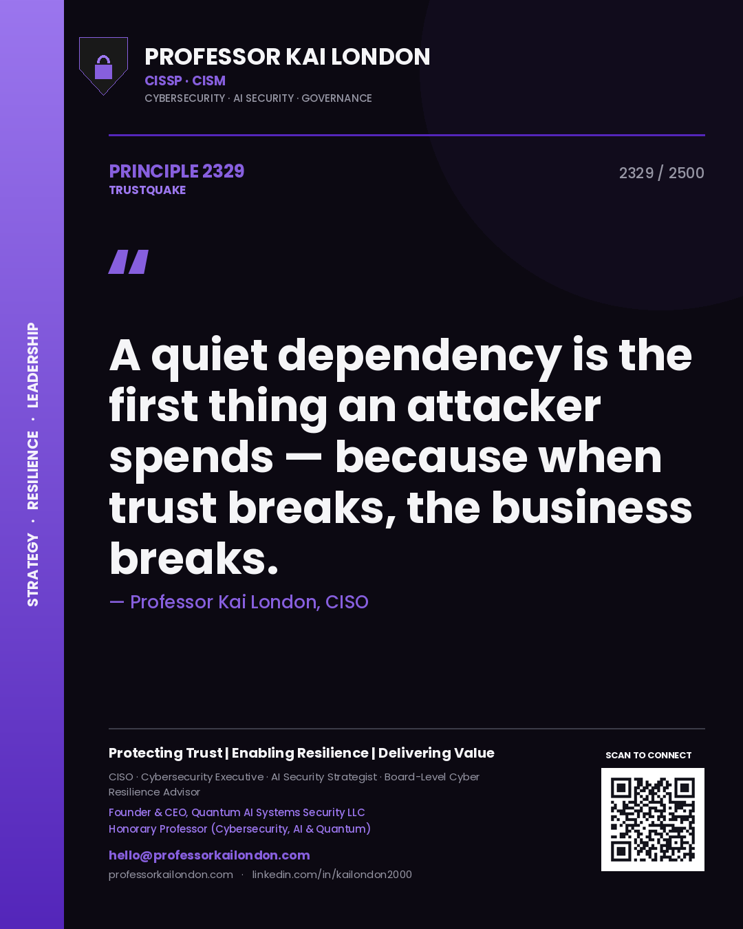 Quote card by Professor Kai London reading 'A quiet dependency is the first thing an attacker spends — because when trust breaks, the business breaks.'. From the book Trustquake.