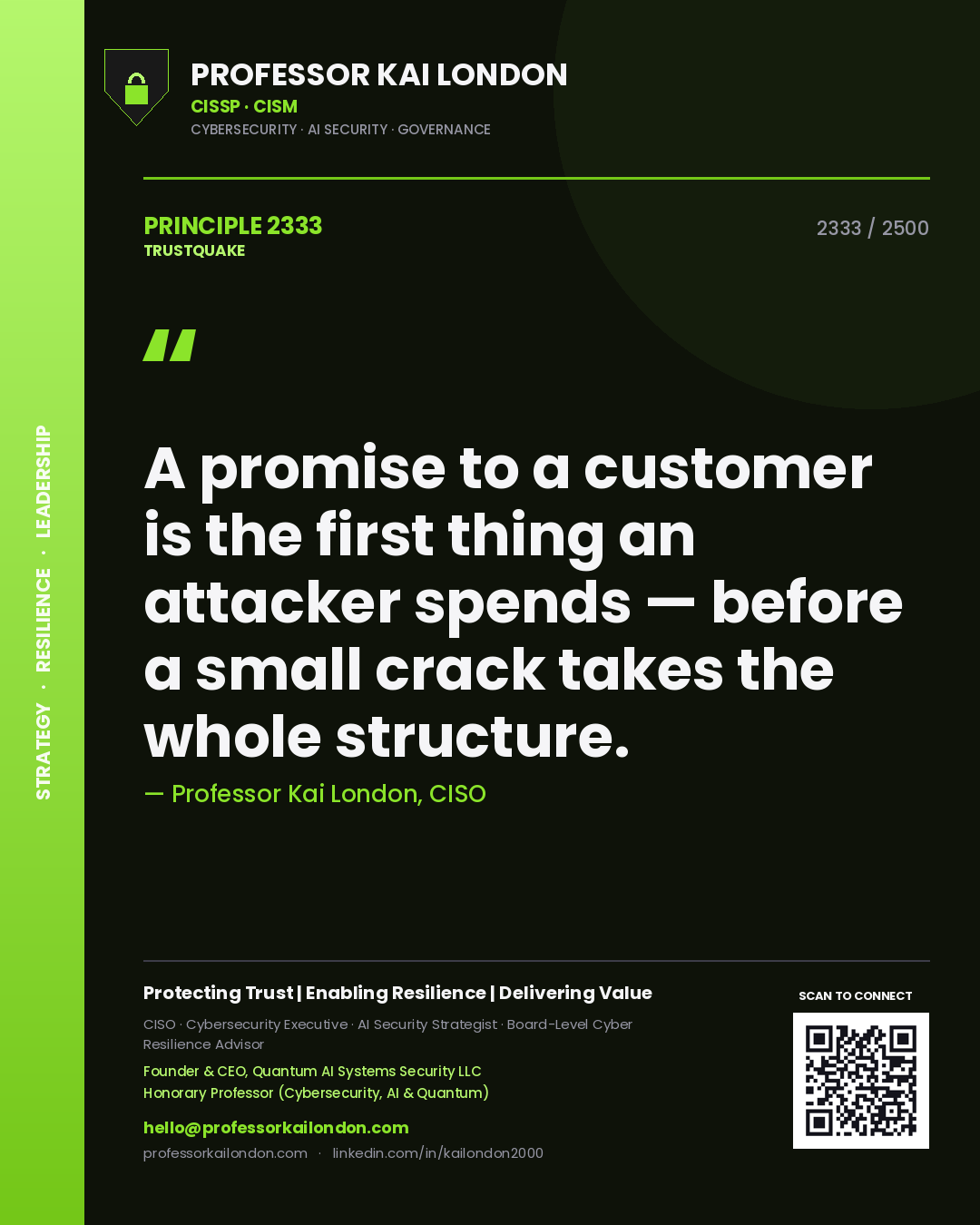 Quote card by Professor Kai London reading 'A promise to a customer is the first thing an attacker spends — before a small crack takes the whole structure.'. From the book Trustquake.