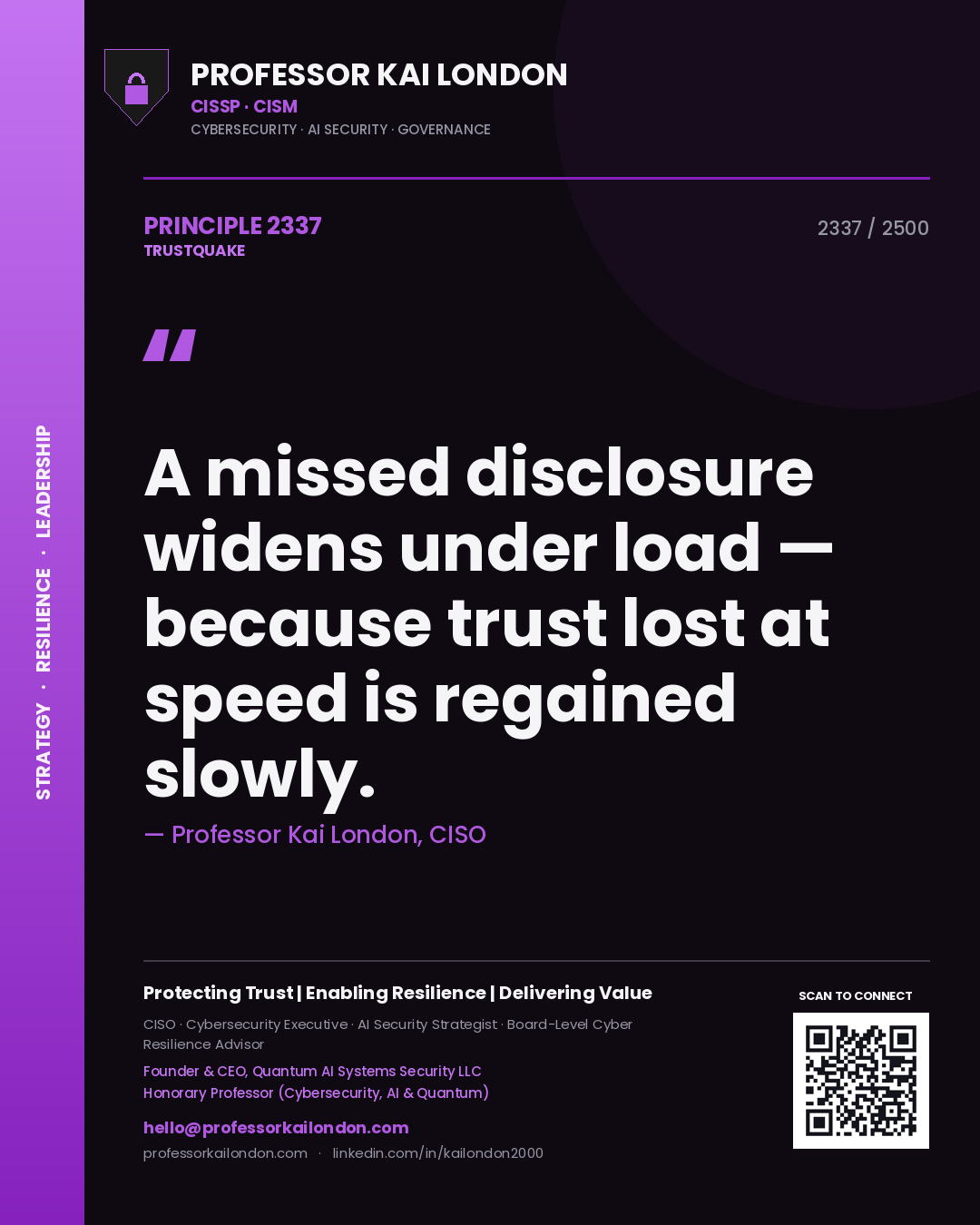 Quote card by Professor Kai London reading 'A missed disclosure widens under load — because trust lost at speed is regained slowly.'. From the book Trustquake.