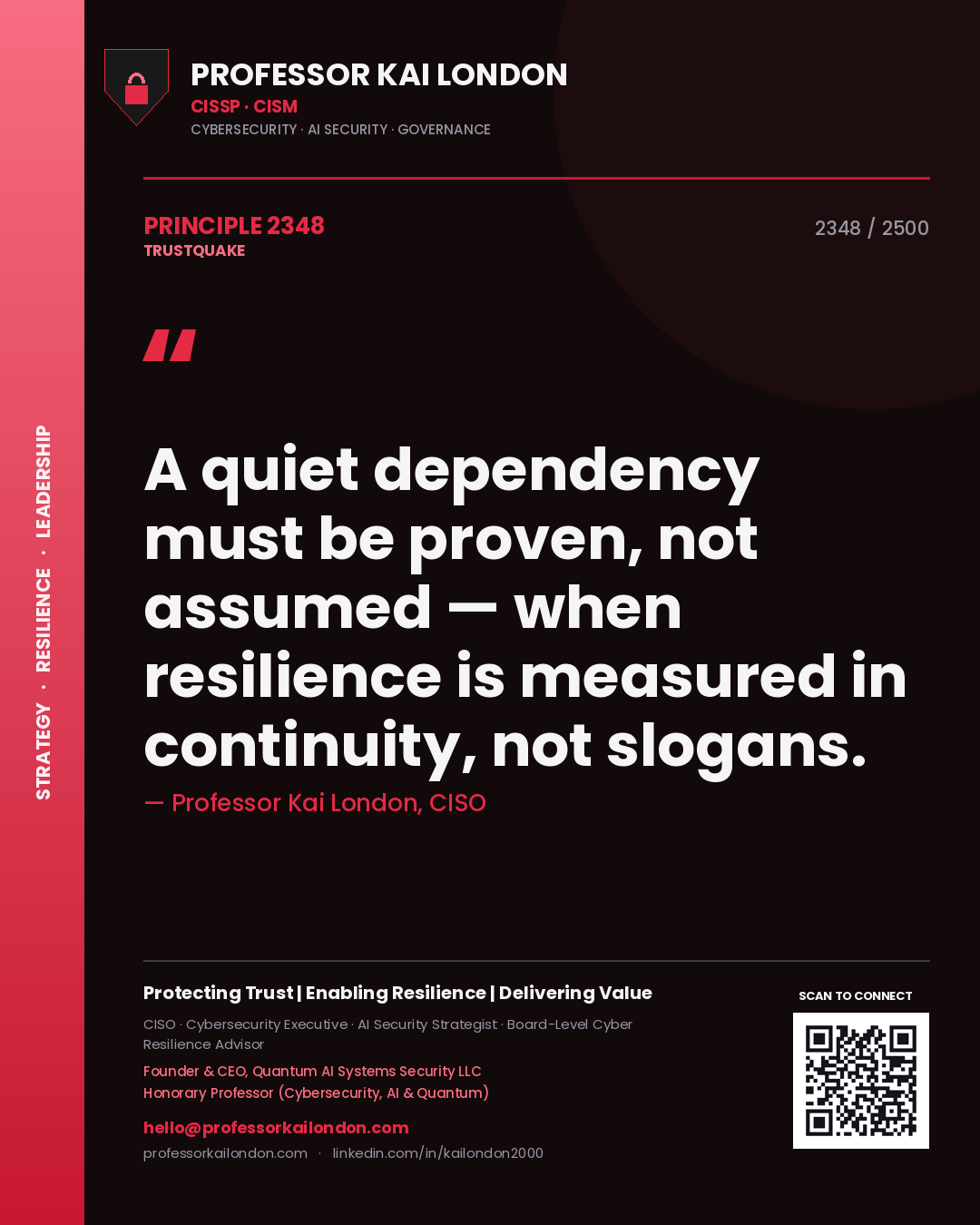 Quote card by Professor Kai London reading 'A quiet dependency must be proven, not assumed — when resilience is measured in continuity, not slogans.'. From the book Trustquake.