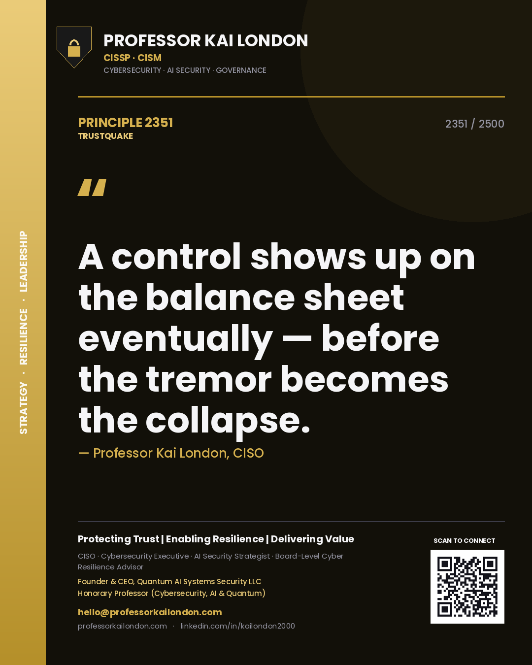 Quote card by Professor Kai London reading 'A control shows up on the balance sheet eventually — before the tremor becomes the collapse.'. From the book Trustquake.