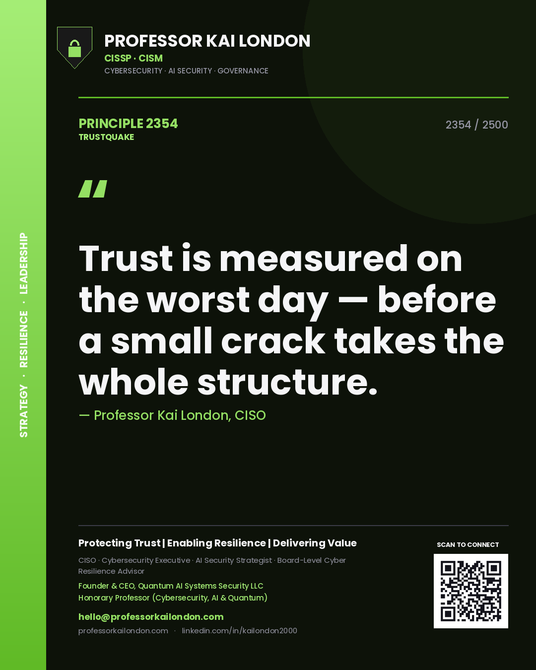 Quote card by Professor Kai London reading 'Trust is measured on the worst day — before a small crack takes the whole structure.'. From the book Trustquake.