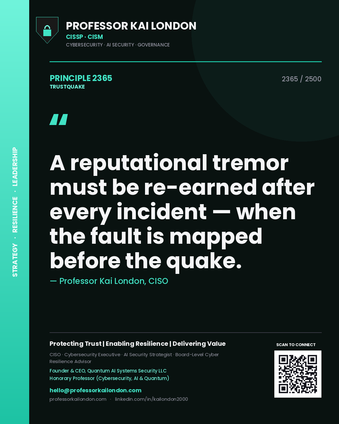 Quote card by Professor Kai London reading 'A reputational tremor must be re-earned after every incident — when the fault is mapped before the quake.'. From the book Trustquake.