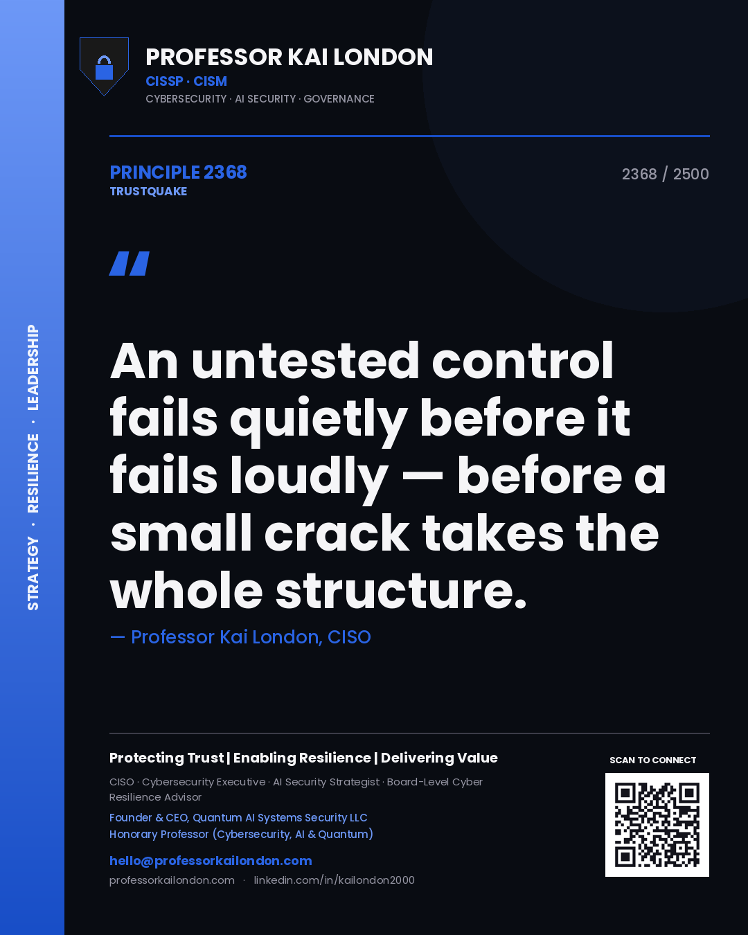 Quote card by Professor Kai London reading 'An untested control fails quietly before it fails loudly — before a small crack takes the whole structure.'. From the book Trustquake.