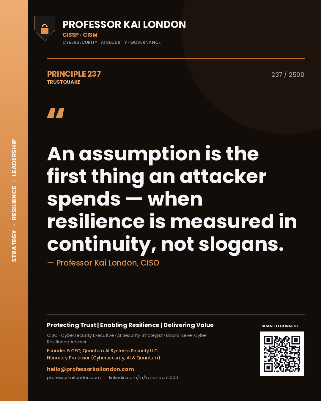 Quote card by Professor Kai London reading 'An assumption is the first thing an attacker spends — when resilience is measured in continuity, not slogans.'. From the book Trustquake.