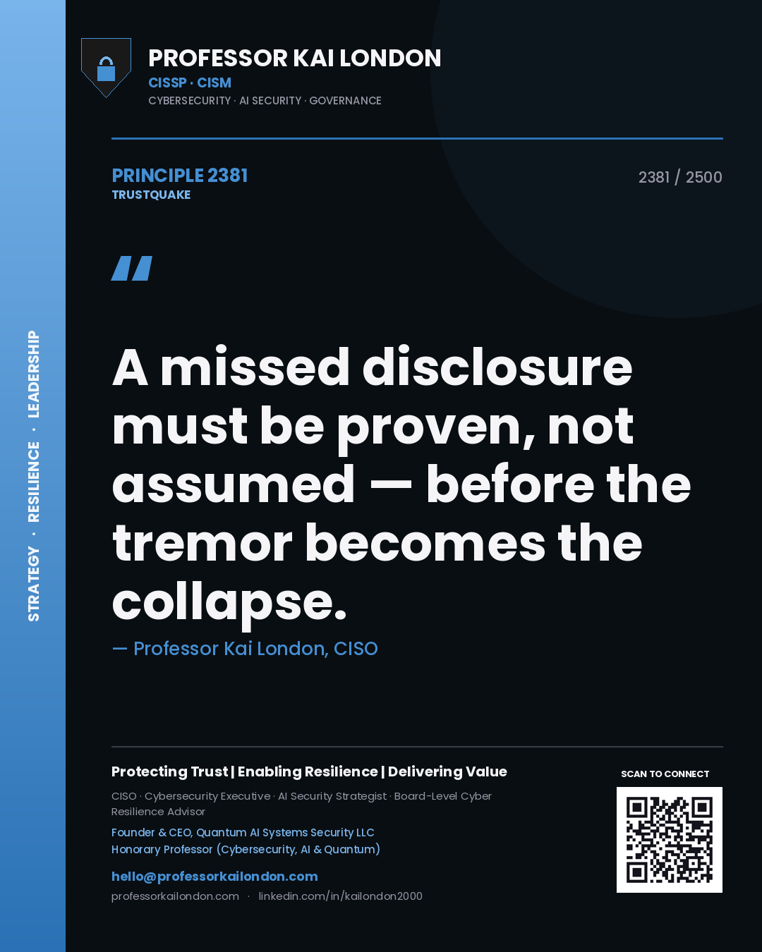 Quote card by Professor Kai London reading 'A missed disclosure must be proven, not assumed — before the tremor becomes the collapse.'. From the book Trustquake.