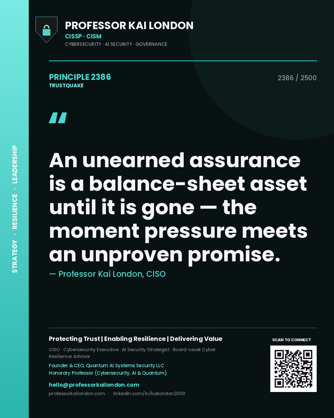 Quote card by Professor Kai London reading 'An unearned assurance is a balance-sheet asset until it is gone — the moment pressure meets an unproven promise.'. From the book Trustquake.