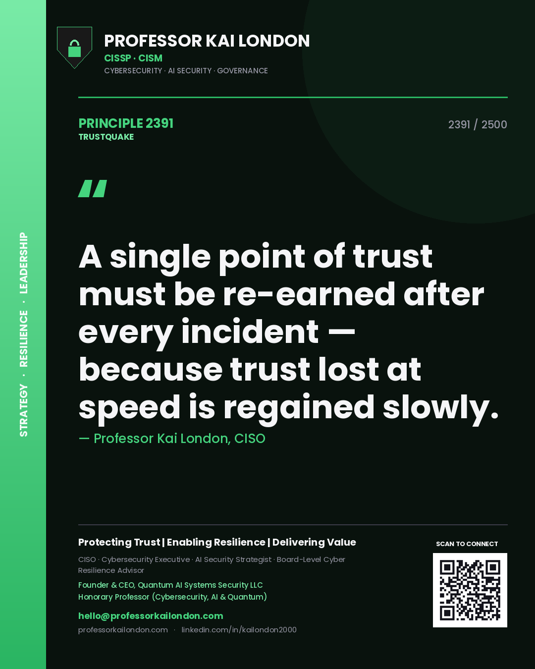 Quote card by Professor Kai London reading 'A single point of trust must be re-earned after every incident — because trust lost at speed is regained slowly.'. From the book Trustquake.