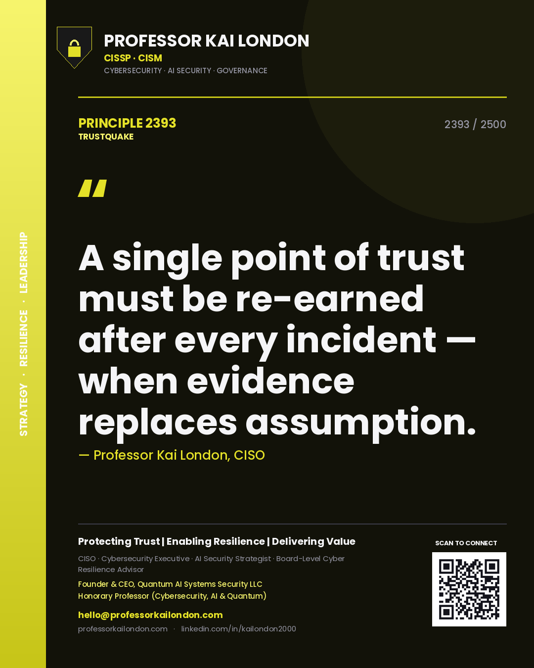 Quote card by Professor Kai London reading 'A single point of trust must be re-earned after every incident — when evidence replaces assumption.'. From the book Trustquake.