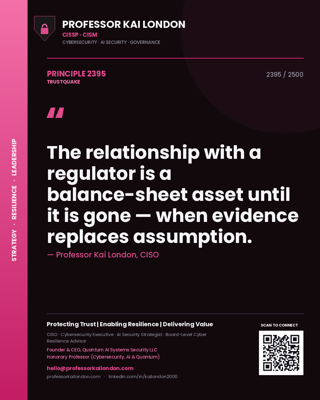 Quote card by Professor Kai London reading 'The relationship with a regulator is a balance-sheet asset until it is gone — when evidence replaces assumption.'. From the book Trustquake.