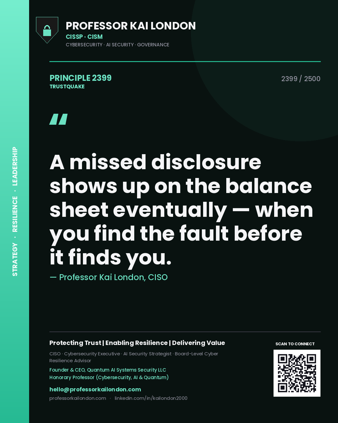 Quote card by Professor Kai London reading 'A missed disclosure shows up on the balance sheet eventually — when you find the fault before it finds you.'. From the book Trustquake.