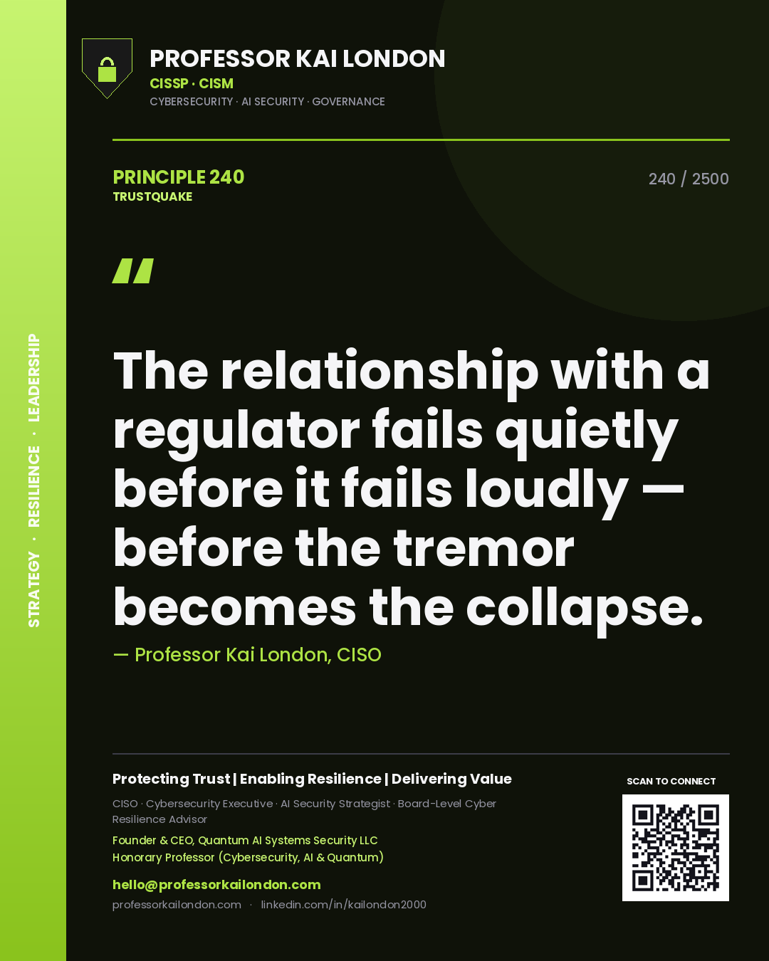 Quote card by Professor Kai London reading 'The relationship with a regulator fails quietly before it fails loudly — before the tremor becomes the collapse.'. From the book Trustquake.