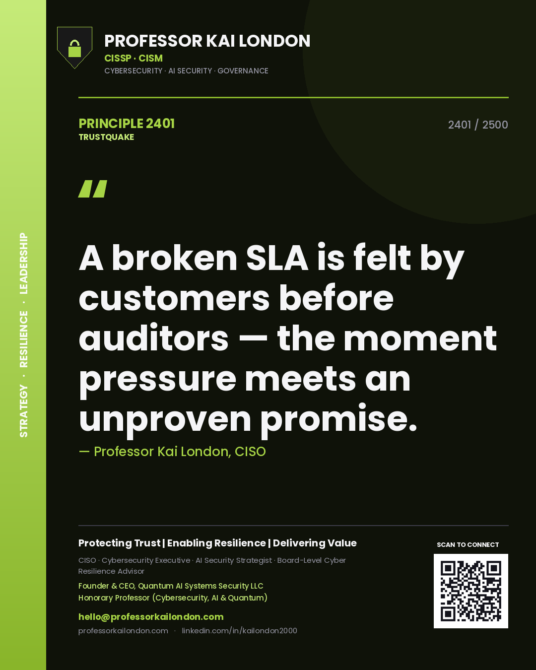 Quote card by Professor Kai London reading 'A broken SLA is felt by customers before auditors — the moment pressure meets an unproven promise.'. From the book Trustquake.
