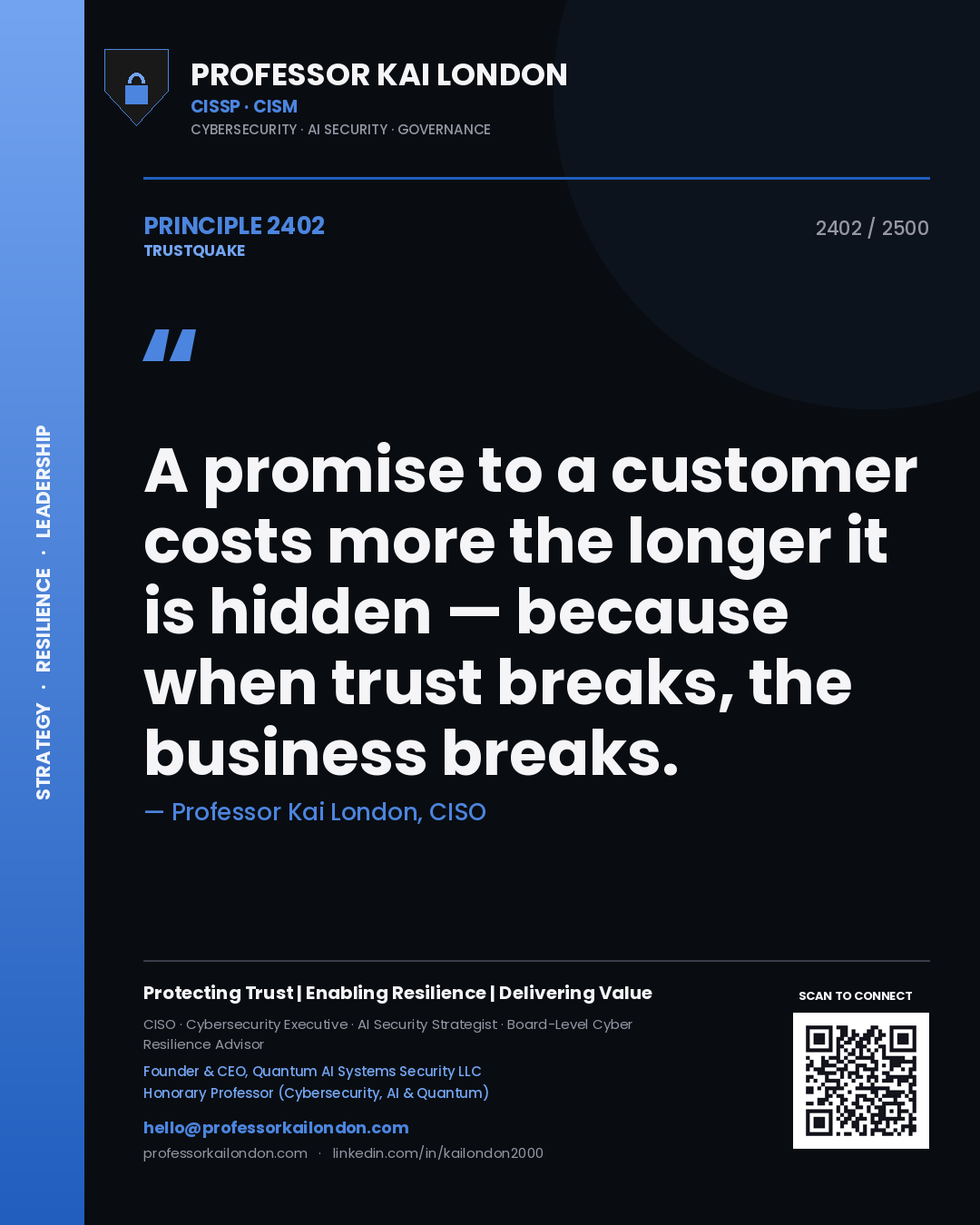 Quote card by Professor Kai London reading 'A promise to a customer costs more the longer it is hidden — because when trust breaks, the business breaks.'. From the book Trustquake.