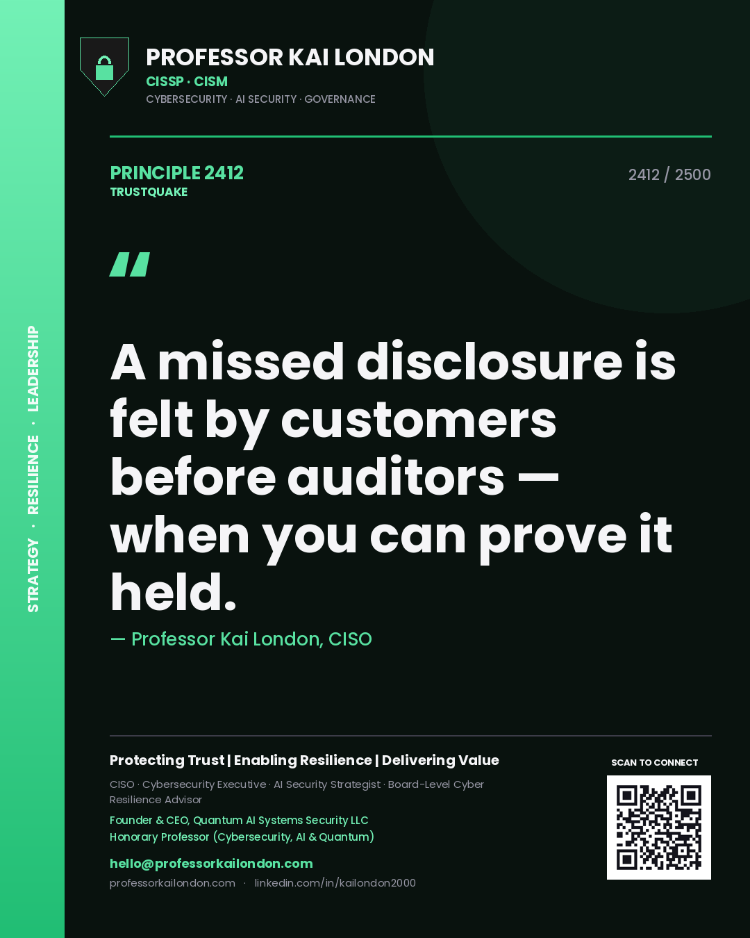 Quote card by Professor Kai London reading 'A missed disclosure is felt by customers before auditors — when you can prove it held.'. From the book Trustquake.