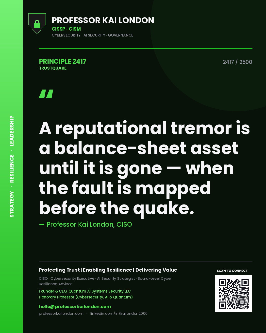 Quote card by Professor Kai London reading 'A reputational tremor is a balance-sheet asset until it is gone — when the fault is mapped before the quake.'. From the book Trustquake.