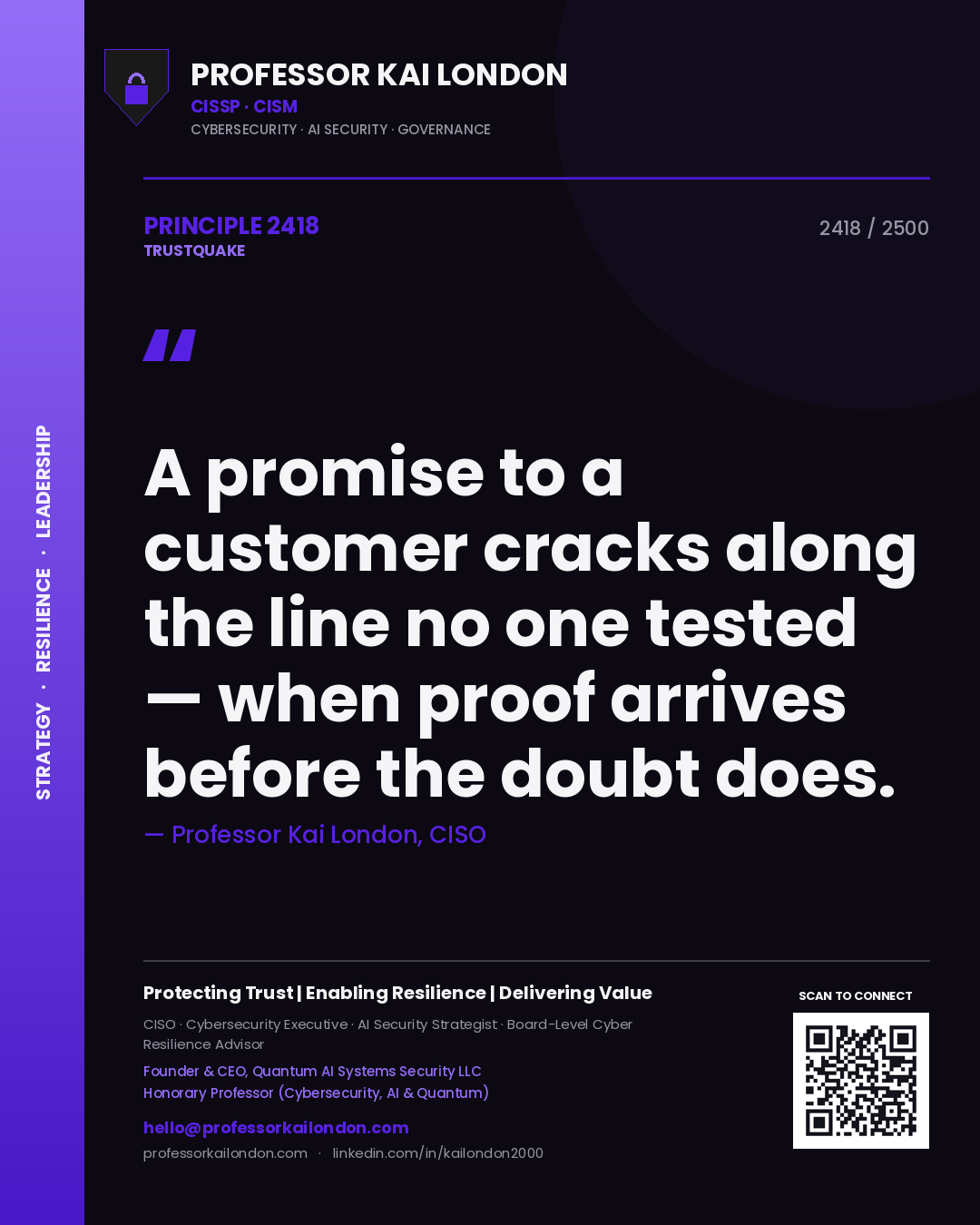 Quote card by Professor Kai London reading 'A promise to a customer cracks along the line no one tested — when proof arrives before the doubt does.'. From the book Trustquake.