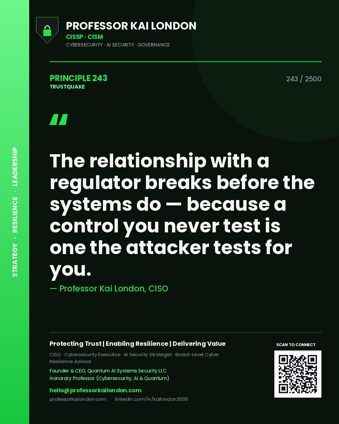 Quote card by Professor Kai London reading 'The relationship with a regulator breaks before the systems do — because a control you never test is one the attacker tests for you.'. From the book Trustquake.