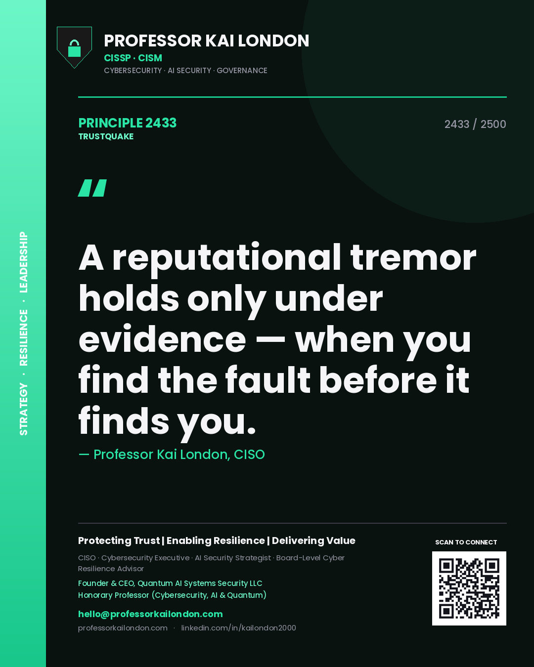 Quote card by Professor Kai London reading 'A reputational tremor holds only under evidence — when you find the fault before it finds you.'. From the book Trustquake.