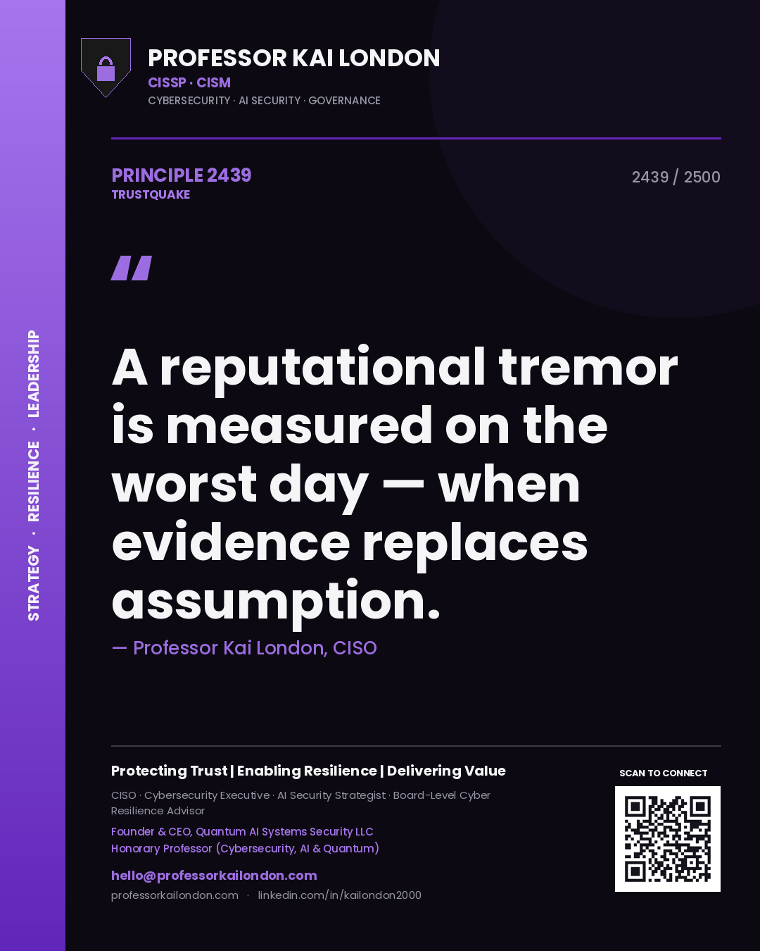 Quote card by Professor Kai London reading 'A reputational tremor is measured on the worst day — when evidence replaces assumption.'. From the book Trustquake.