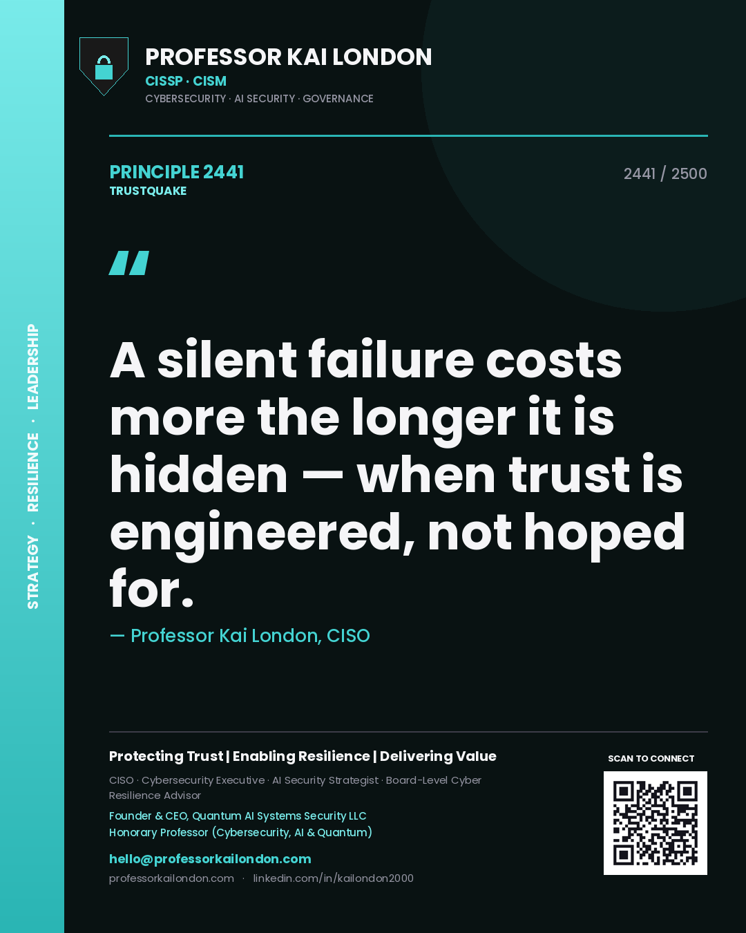Quote card by Professor Kai London reading 'A silent failure costs more the longer it is hidden — when trust is engineered, not hoped for.'. From the book Trustquake.