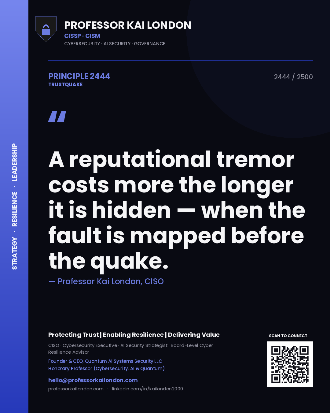 Quote card by Professor Kai London reading 'A reputational tremor costs more the longer it is hidden — when the fault is mapped before the quake.'. From the book Trustquake.