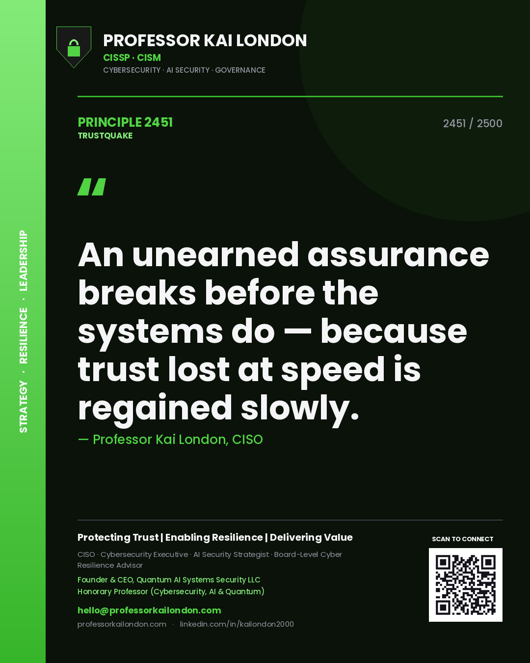 Quote card by Professor Kai London reading 'An unearned assurance breaks before the systems do — because trust lost at speed is regained slowly.'. From the book Trustquake.