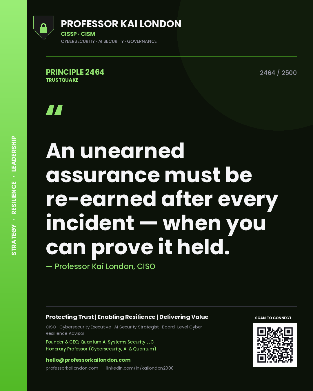 Quote card by Professor Kai London reading 'An unearned assurance must be re-earned after every incident — when you can prove it held.'. From the book Trustquake.