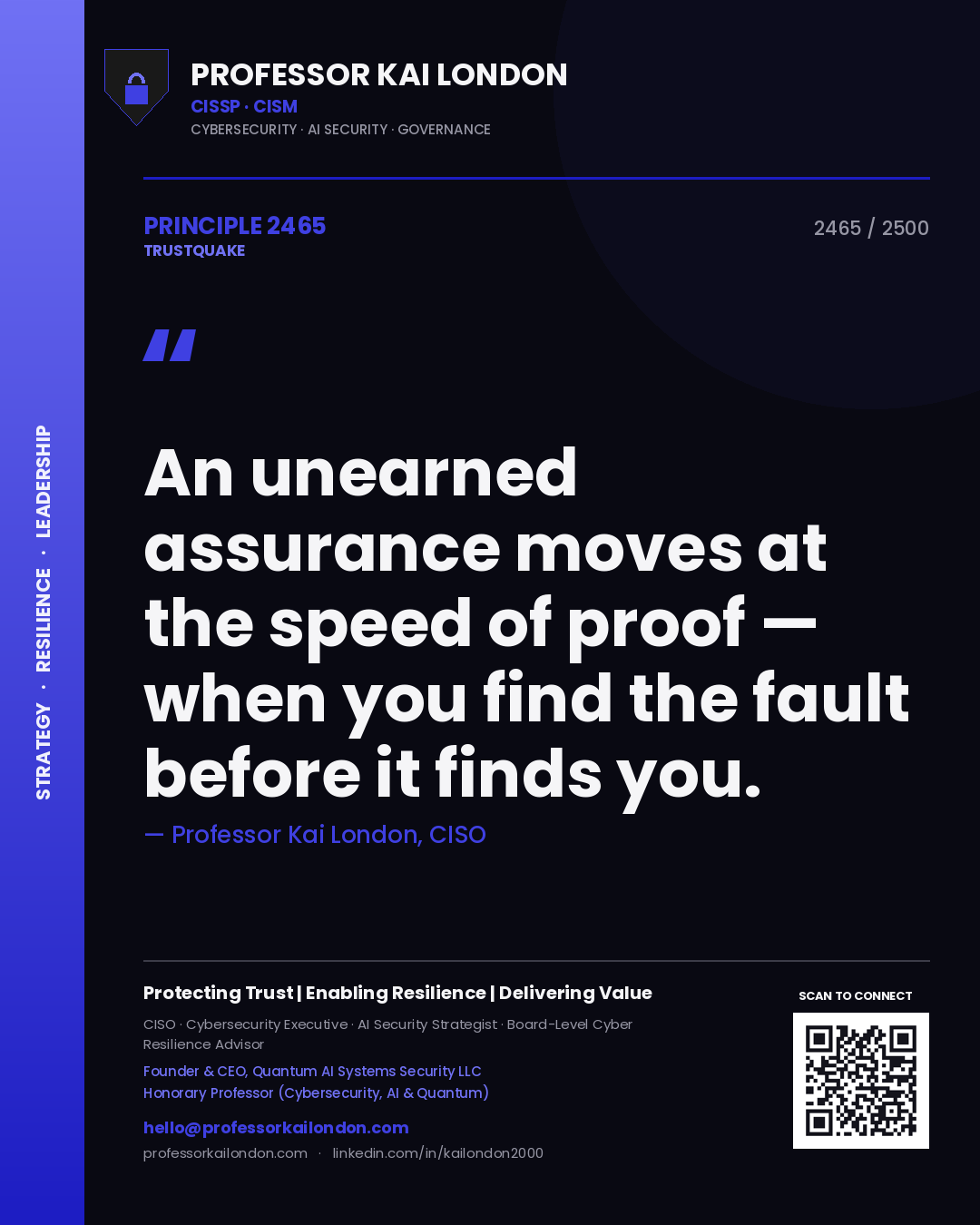Quote card by Professor Kai London reading 'An unearned assurance moves at the speed of proof — when you find the fault before it finds you.'. From the book Trustquake.