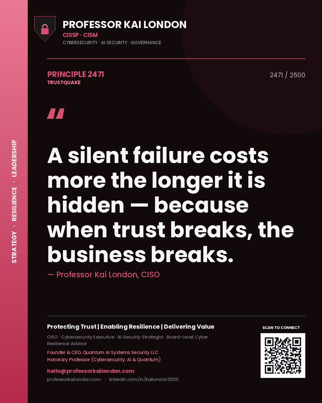 Professor Kai London principle 2471: A silent failure costs more the longer it is hidden — because when trust breaks, the business breaks.