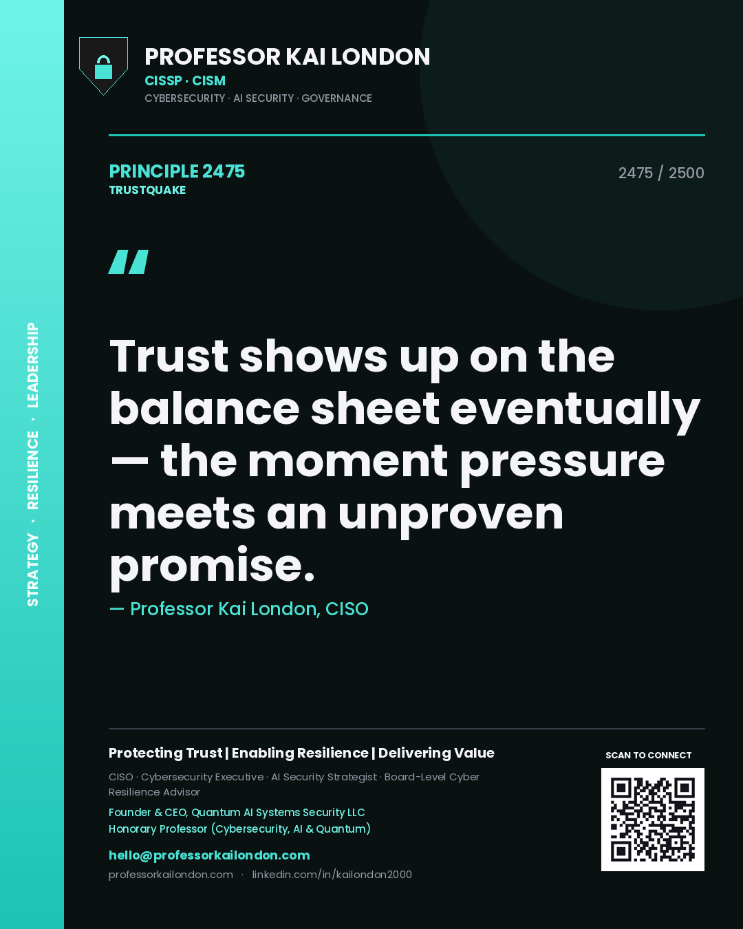 Quote card by Professor Kai London reading 'Trust shows up on the balance sheet eventually — the moment pressure meets an unproven promise.'. From the book Trustquake.