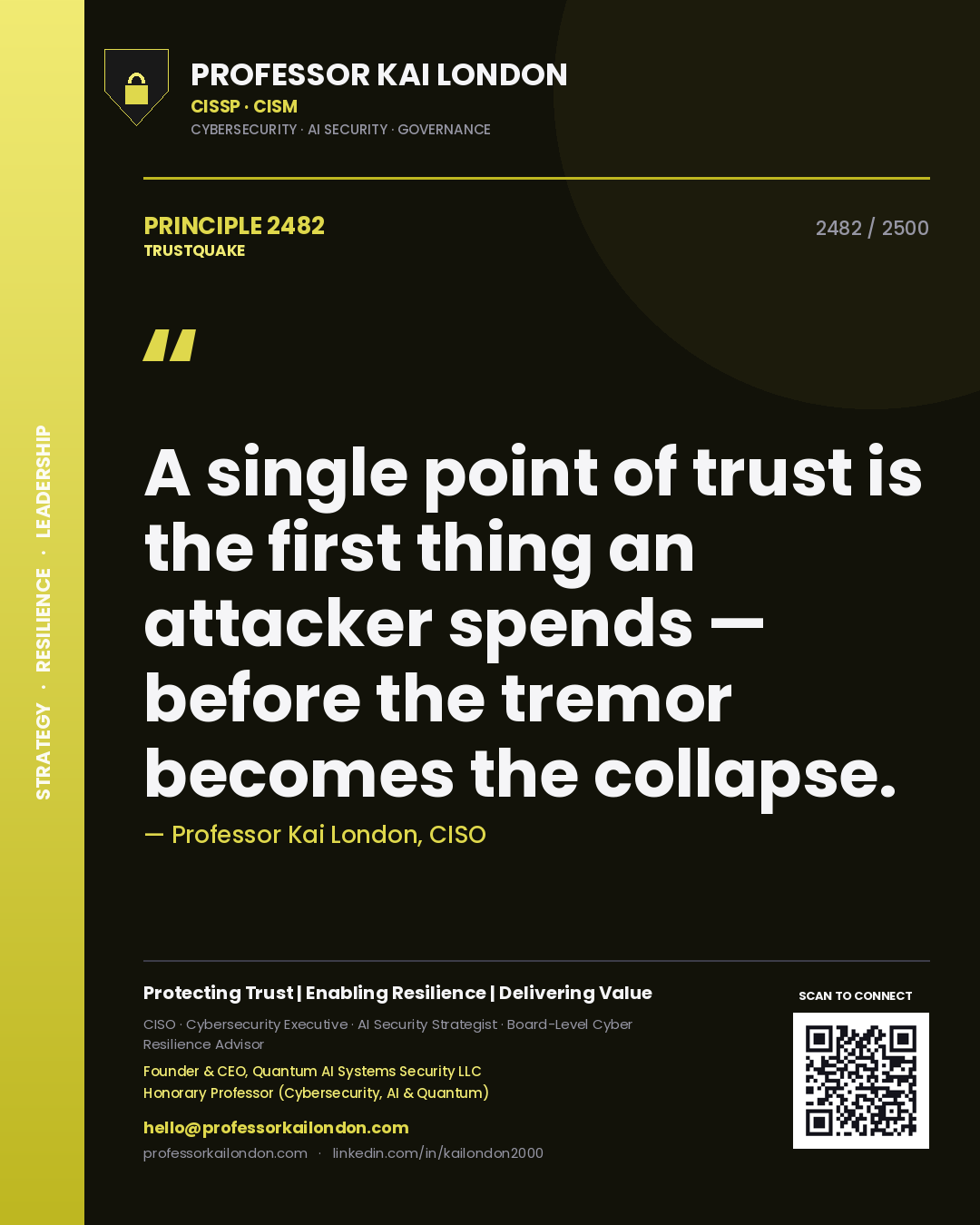 Quote card by Professor Kai London reading 'A single point of trust is the first thing an attacker spends — before the tremor becomes the collapse.'. From the book Trustquake.