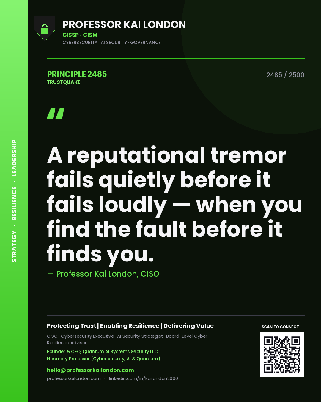 Quote card by Professor Kai London reading 'A reputational tremor fails quietly before it fails loudly — when you find the fault before it finds you.'. From the book Trustquake.