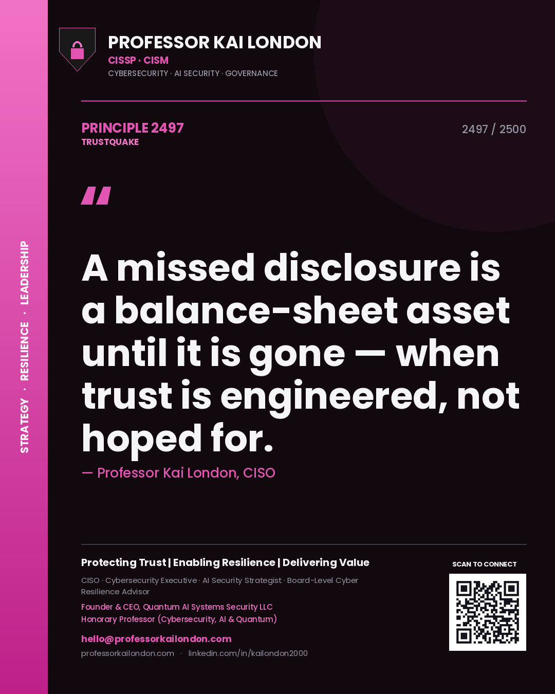 Quote card by Professor Kai London reading 'A missed disclosure is a balance-sheet asset until it is gone — when trust is engineered, not hoped for.'. From the book Trustquake.